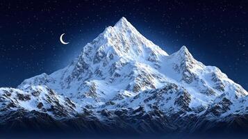 Snow-covered mountains rise majestically as a crescent moon casts a gentle glow on their surfaces photo