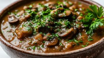 A warm bowl of rich mushroom stew topped with vibrant green herbs, inviting comfort and flavor photo
