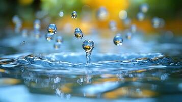 Gentle water droplets leap and collide, creating mesmerizing ripples in a serene setting photo