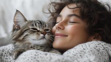 A girl and her cat share a warm, joyful moment wrapped in a cozy blanket photo