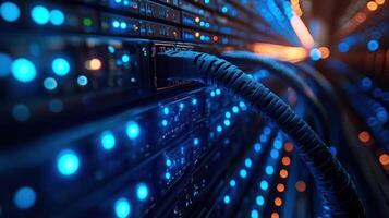 At dusk, bright lights and cables connect devices in a bustling data hub, showcasing tech photo