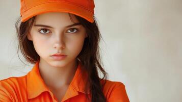 A girl in an orange cap poses with a serious expression, conveying confidence and determination photo