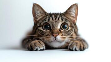 A playful kitten with large eyes is crouching low, displaying curiosity in a quiet space photo