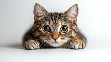 The playful feline lies low, exploring its surroundings with an inquisitive expression photo
