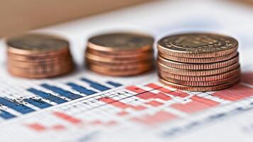 Coins are neatly arranged next to colorful financial charts showing market trends and analysis photo