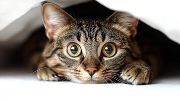 A playful cat peeks from under a blanket, eyes wide with cautious curiosity photo