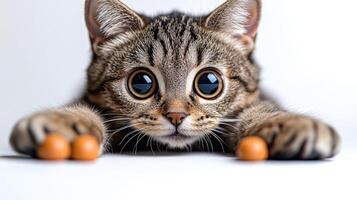 A playful tabby cat lies on a smooth white surface, eagerly poised to catch treats in front of it photo
