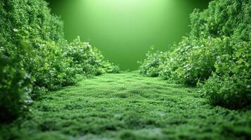 A serene pathway unfolds surrounded by vibrant greenery under warm lighting, inviting exploration photo