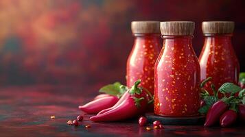 Bright bottles of chili sauce are nestled among peppers and fresh herbs on a textured surface photo