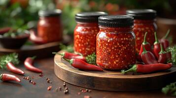 Rich, red chili sauce fills jars on a board with fresh peppers and herbs, evoking warmth photo