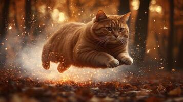 A ginger cat bounds through colorful autumn leaves, surrounded by a magical mist in the forest photo