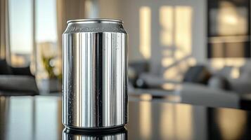 A sleek, metallic can stands on a dark surface, capturing the warm glow of sunlight in a cozy room photo