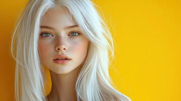 Gentle rays of sunlight illuminate a serene face with flowing light hair, creating a striking look photo