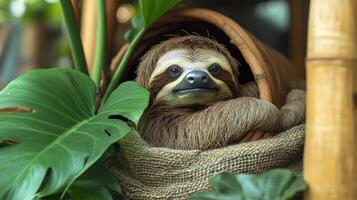 A relaxed sloth enjoys a tranquil moment while surrounded by lush greenery and natural textures photo
