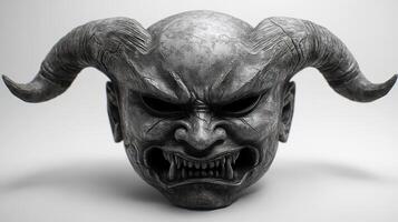 A meticulously crafted demon mask with fierce horns and sharp features evokes a powerful presence photo