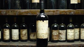 Dark, atmospheric cellar features aged wine bottles and a single prominent bottle with a worn label photo