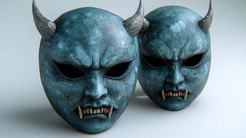 Two striking devil masks showcase elaborate designs and unique features, highlighting artistry photo