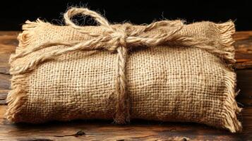 A burlap-wrapped package is carefully tied with twine, exuding rustic charm on a wooden surface photo