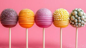 Five delightful cake pops with various colors and textures create a joyful display against pink photo