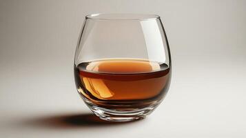 A single glass holds amber whiskey, reflecting warm light, set against a soft, neutral background photo