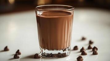 Rich, creamy chocolate drink in a clear glass with chocolate chips artfully arranged around it photo