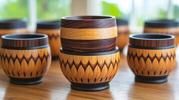 Handcrafted wooden bowls display unique patterns, showcasing artistry in a vibrant setting photo