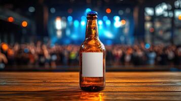 A refreshing drink stands on the bar, surrounded by a buzzing crowd at a music event photo