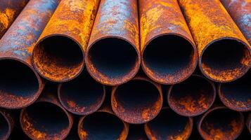Weathered steel pipes, deeply rusted and stacked, showcase a unique blend of colors and patterns photo