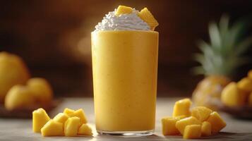 Golden mango smoothie served in a clear glass, garnished with whipped cream and fresh mango chunks photo