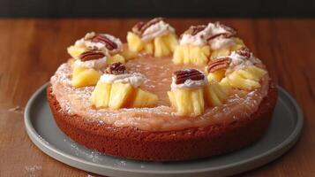 A beautiful cake topped with pineapple, creamy frosting, and crunchy pecans invites indulgence photo