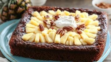 A delightful dessert with rich chocolate cake, fresh pineapple, and whipped cream photo