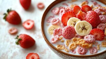 A bowl filled with fresh strawberries, banana slices, and cereal in creamy milk photo