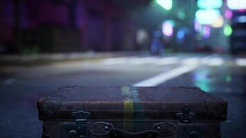 Old suitcase rests on empty wet street under neon lights at night video