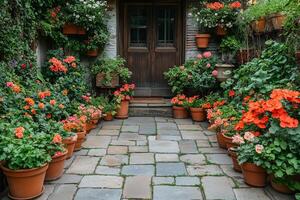 Cozy courtyard with a wooden door surrounded by vibrant potted flowers and lush greenery, creating a charming and peaceful garden atmosphere photo