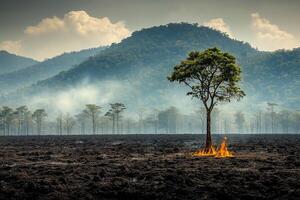 A lone tree burning in a deforested field surrounded by haze, highlighting the destruction caused by wildfires and deforestation World Wildlife Day photo