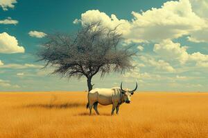 bull standing in the golden African savanna with a tree and vibrant clouds for World Wildlife Day photo