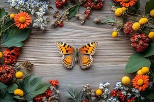 Butterfly with orange and black wings surrounded by colorful flowers on a wooden background, World Wildlife Day photo