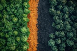A striking aerial view showing vibrant forest, a barren orange clearing, and burnt trees, symbolizing deforestation and environmental degradation world wildlife day photo