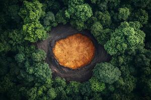 Deforested area in the middle of a lush green forest, showing the impact of logging and environmental destruction from an aerial perspective on World Wildlife Day photo