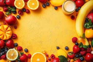 Frame of colorful fruits, berries and smoothie creating vibrant healthy food background National Nutrition Month copy space photo