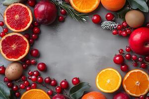Seasonal fruits, vegetables, and eggs creating vibrant frame on gray background for national nutrition month copy space photo