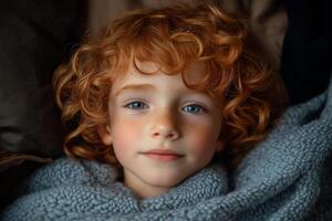 Portrait of redhead child relaxing on comfortable sofa with blue blanket photo