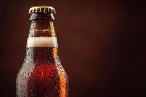 Close up of refreshing beer bottle covered with condensation on dark background. Copy space photo