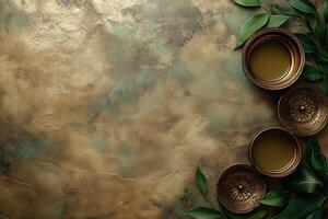 Golden textured background with decorative bowls and leaves creating relaxing atmosphere. Copy space photo