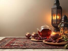 Ramadan iftar or suhoor table setting with dates, tea, and lanterns copy space photo