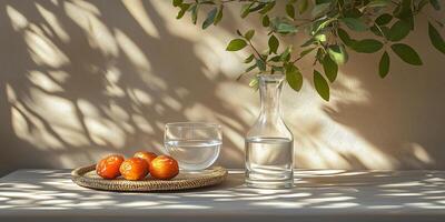 Dates, water, and sunlight, a minimalist iftar setting for ramadan copy space photo