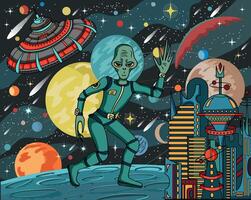 Colorful illustration with friendly alien, retro futuristic city, UFO and objects against space background with planets and stars, science fiction concept vector