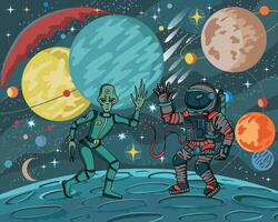 Colorful illustration of human spaceman in spacesuit and friendly alien against retro future space universe with planets and stars, science fiction concept vector