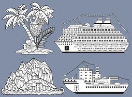 Design set of icebreaker ship with iceberg and cruise ship or passenger liner with tropical island with palms. Travel, transportation and discovery concept. Line art cartoon illustrations vector