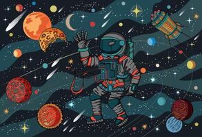 Colorful illustration with friendly astronaut in retro spacesuit against retro future space universe with planets and stars, science fiction concept vector